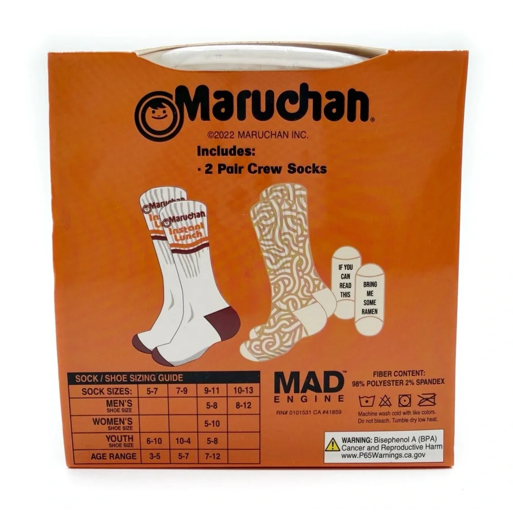 Maruchan Instant Noodles Ramen Crew Socks Mens Womens Fun Gift Set 2 Pairs